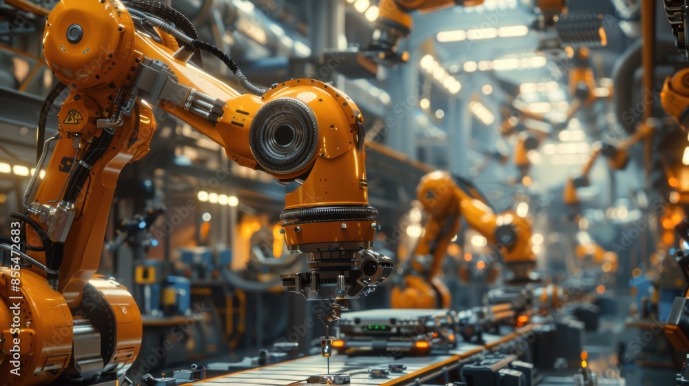 A factory with many robots in orange A factory with many robots in orange