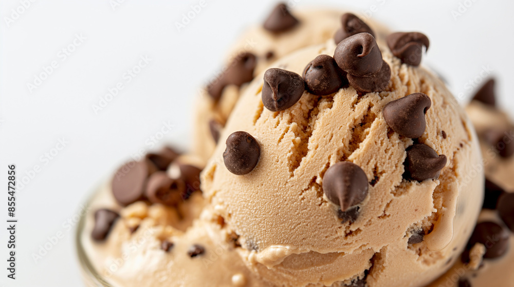 Decadent espresso chocolate chip ice cream, a closeup of decadent espresso chocolate chip ice cream, its rich coffee flavor and chocolate chips against a white background Decadent espresso chocolate chip ice cream, a closeup of decadent espresso chocolate chip ice cream, its rich coffee flavor and chocolate chips against a white background