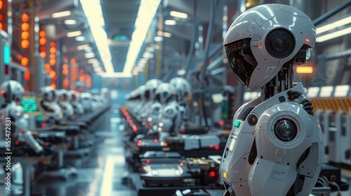 A robot stands in a factory with other robots