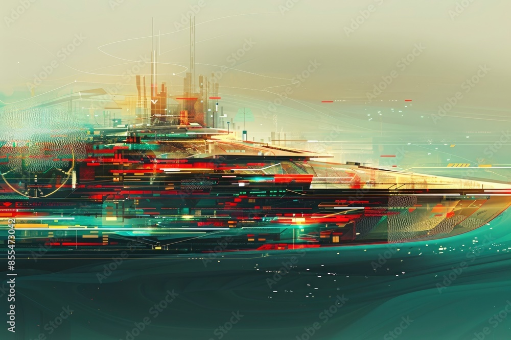 Obraz premium An illustration of a futuristic spaceship, with sleek design and thrusters, on digital screen with 3D rendering, a space navigation map overlay, in a top-down view,