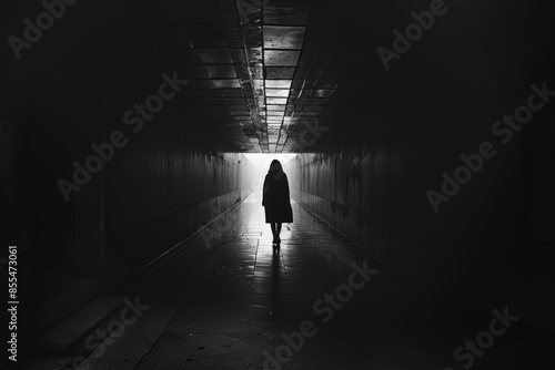 Mysterious figure in a dark tunnel, creating a haunting and suspenseful atmosphere, perfect for themes of mystery and exploration.

