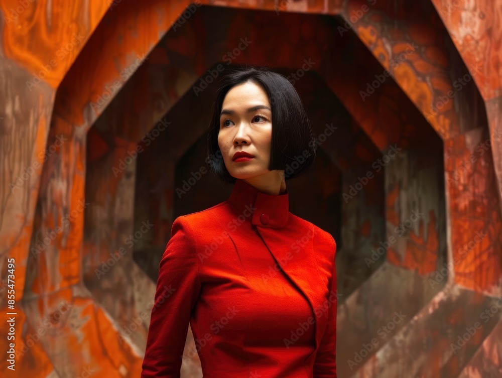 Fototapeta premium woman in red coat standing in front of orange wall