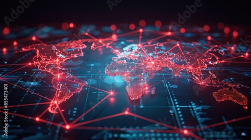 Wallpaper Mural A computer screen shows a map of the world with red lines connecting it Torontodigital.ca