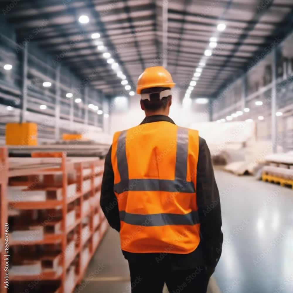 Worker in uniform at work. View from Behind on a Occupational Health and Safety worker in Personal protective equipment Looking at the production hall and his coworkers.
Worker in uniform at work. View from Behind on a Occupational Health and Safety worker in Personal protective equipment Looking at the production hall and his coworkers.