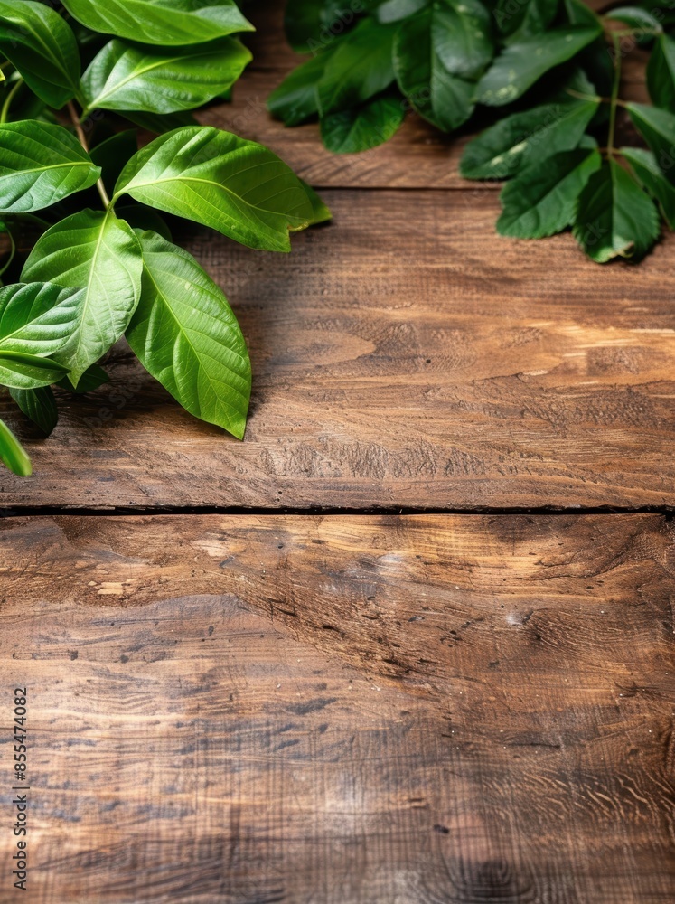 fresh green leaves on wooden table fresh green leaves on wooden table