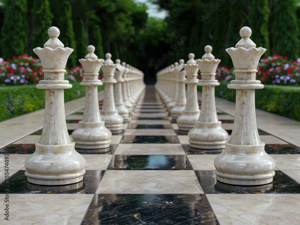 giant chess pieces in ornate garden giant chess pieces in ornate garden