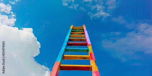 A colorful ladder reaching up to the sky. The ladder is made of wood and is painted in colors
