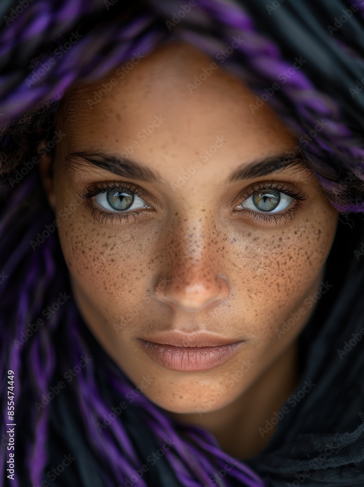Captivating portrait of a woman with striking eyes and vibrant purple hair Captivating portrait of a woman with striking eyes and vibrant purple hair