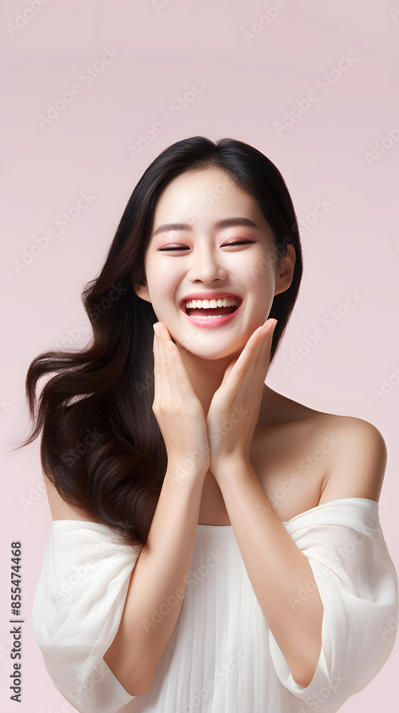 Closeup portrait of beauty asian woman with fair perfect healthy glow skin isolated on white, young beautiful asia girl with pretty smile on face. Beauty korean spa skincare banner, copy space Closeup portrait of beauty asian woman with fair perfect healthy glow skin isolated on white, young beautiful asia girl with pretty smile on face. Beauty korean spa skincare banner, copy space