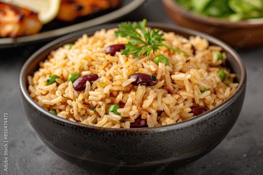 Delicious vegetarian rice dish with beans and herbs Delicious vegetarian rice dish with beans and herbs