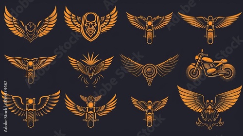 stylized winged motorcycle emblem collection for adventurous branding and design projects vector illustration