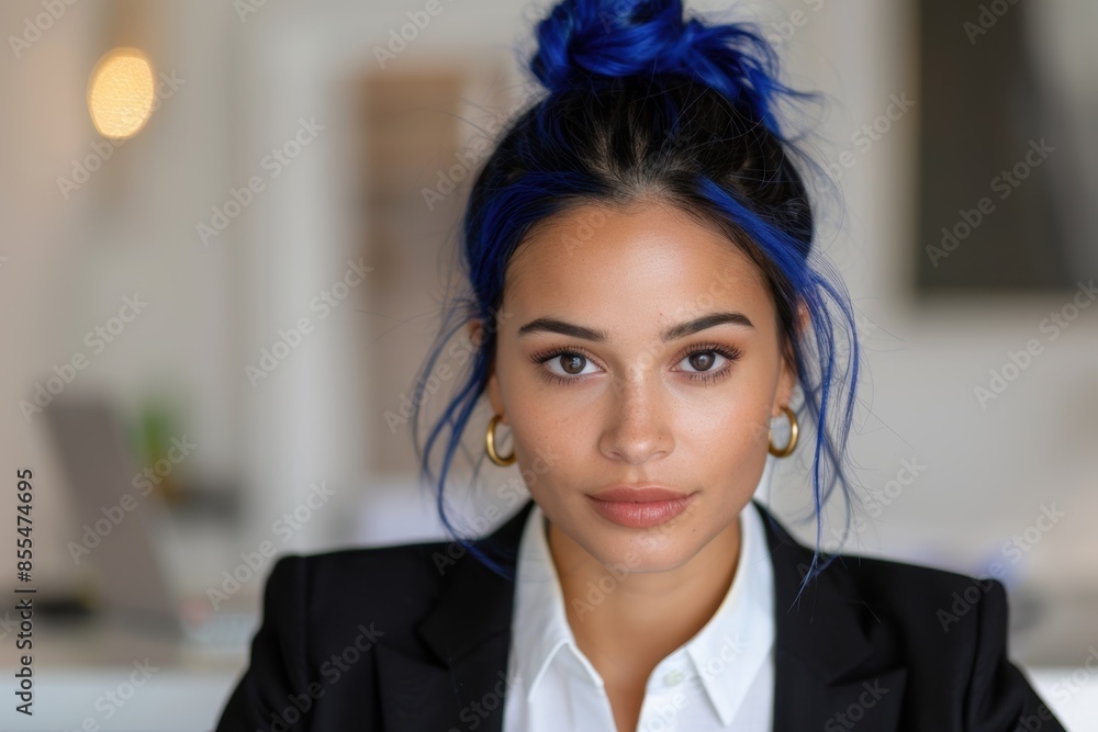 Stylish woman with blue hair and professional attire Stylish woman with blue hair and professional attire
