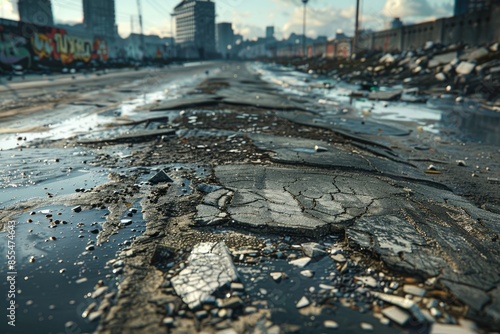 A photo of a broken asphalt road with large cracks and a building in the background. AIG51A. photo