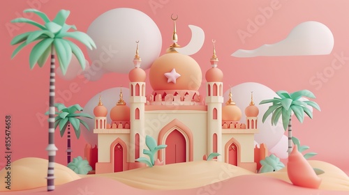 3D illustration lowpolly wallpaper for Islamic mosques, cute shapes, pastel colors, for Ramadan theme banners. Eid Fitr, Islamic New Year, Eid al-Adha, HD, 16K, 