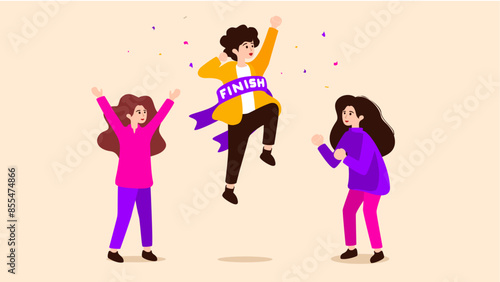 A hand-drawn flat illustration of a man completing his work and achieving his goals, being congratulated by his teammates. Vector Illustration. Strat up. Creative environment.