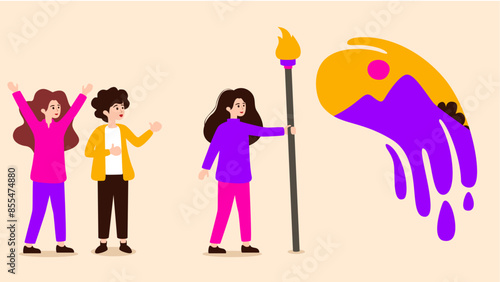 A hand-drawn flat illustration of a creative leader demonstrating her talents to inspire her teammates. Vector Illustration. Strat up. Creative environment.