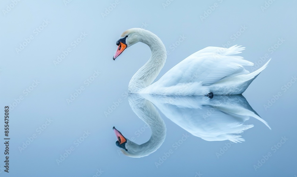 Fototapeta premium A white swan with its reflection on the water surface, against a light blue background