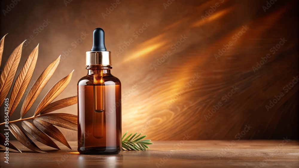 Serene brown background with elegant dropper and facial serum bottle, empty space on the side, exuding a sense of relaxation and anti-aging skin care routine.,hd 8k Serene brown background with elegant dropper and facial serum bottle, empty space on the side, exuding a sense of relaxation and anti-aging skin care routine.,hd 8k