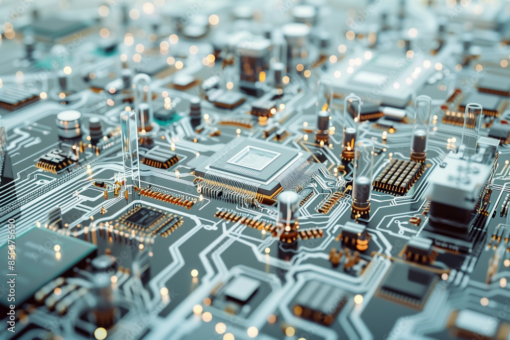 Abstract translucent electronics circuit board with glowing light white tone for background in concept technology, A.I., AI, digital, quantum computing Abstract translucent electronics circuit board with glowing light white tone for background in concept technology, A.I., AI, digital, quantum computing