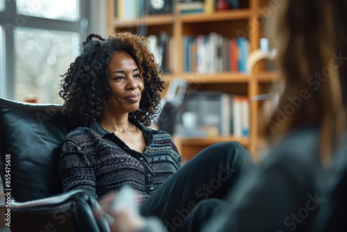 A middle-aged black woman with curly hair is sitting in an armchair, smiling and listening to her therapist on the other side of the room during a therapy session at home.