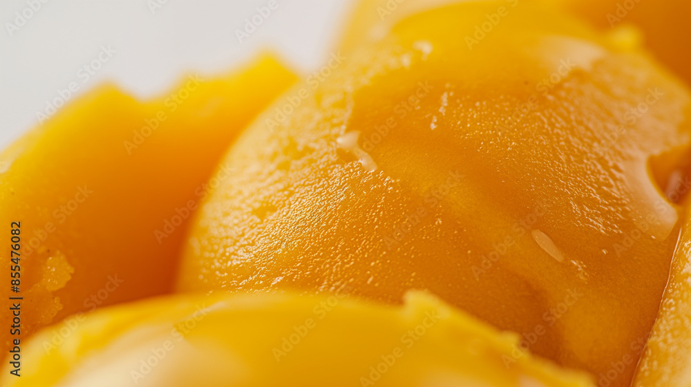 Exotic spiced mango sorbet, a closeup of exotic spiced mango sorbet, its bright orange color and hint of spices against a white background Exotic spiced mango sorbet, a closeup of exotic spiced mango sorbet, its bright orange color and hint of spices against a white background