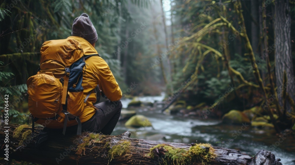 A person is sitting on a log by a river, wearing a yellow jacket and a hat A person is sitting on a log by a river, wearing a yellow jacket and a hat