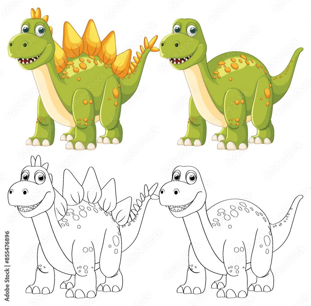 Fototapeta premium Colorful and black-and-white dinosaur illustrations