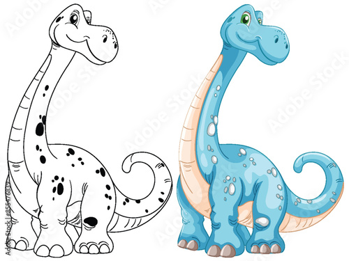 Two adorable dinosaurs, one colored, one outlined