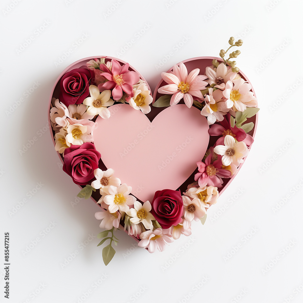 Heart-shaped gift box with flowers on white background Heart-shaped gift box with flowers on white background