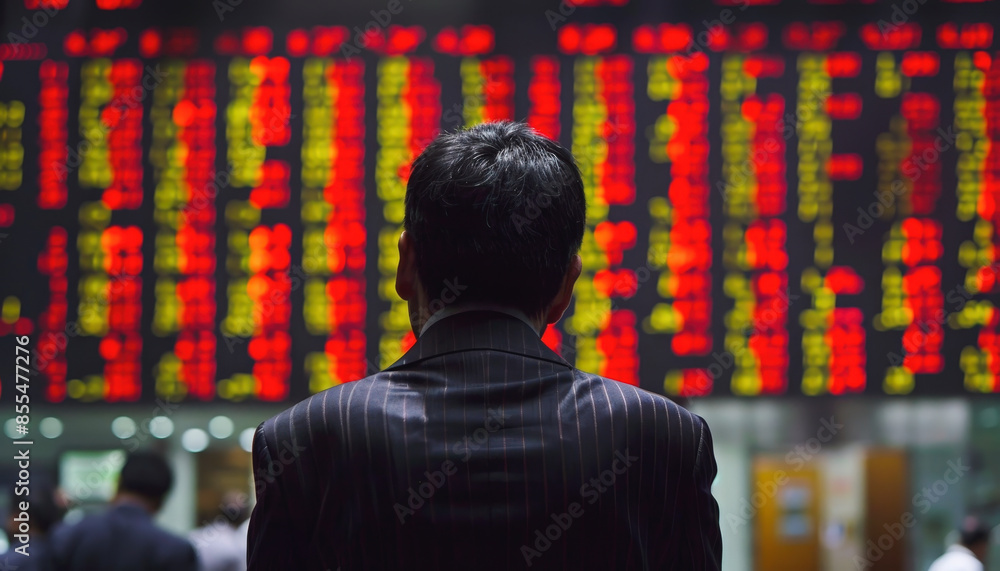 A man observes a large electronic display filled with stock market data in red and yellow, likely monitoring market fluctuations and financial trends. A man observes a large electronic display filled with stock market data in red and yellow, likely monitoring market fluctuations and financial trends.