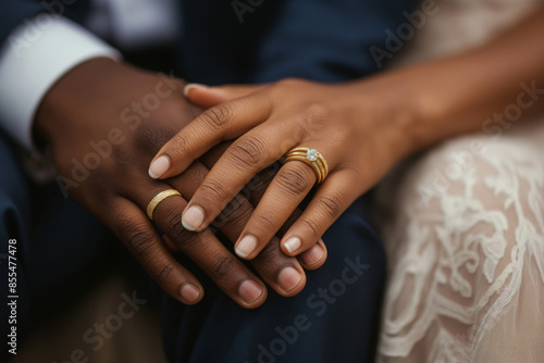 Close-up photo of hands of two just married people with wedding rings