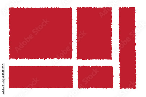 Red Torn paper pieces on white background with different cuts. Torn Paper Texture Set. 