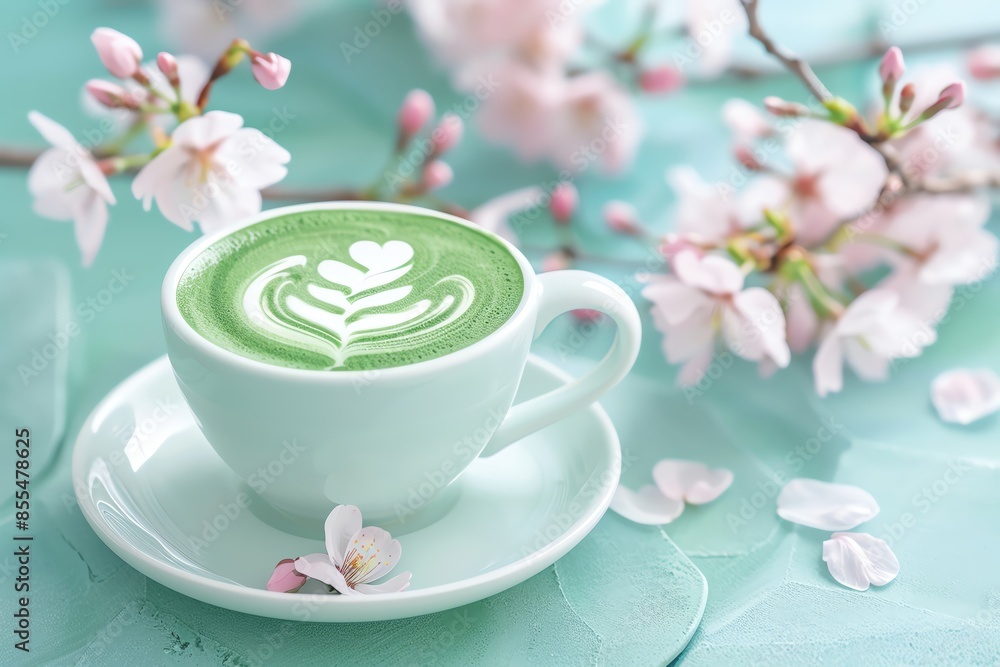 Matcha latte with floral designs, spring-themed cafe, cherry blossoms outside, pastel colors, watercolor technique Matcha latte with floral designs, spring-themed cafe, cherry blossoms outside, pastel colors, watercolor technique