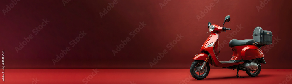 Fototapeta premium Red Scooter with food Delivery box on red background, Delivery service concept, Design template for Poster, Web banner, Brochure, Card with copy space