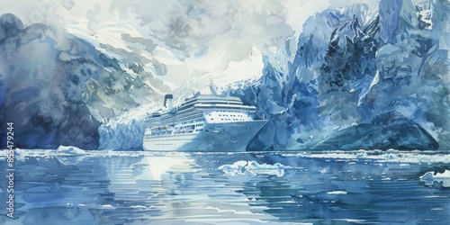 Watercolor painting of a Star Cruise ship floating in the Arctic sea, overlooking an iceberg. Use for wallpapers, posters, postcards, brochures.