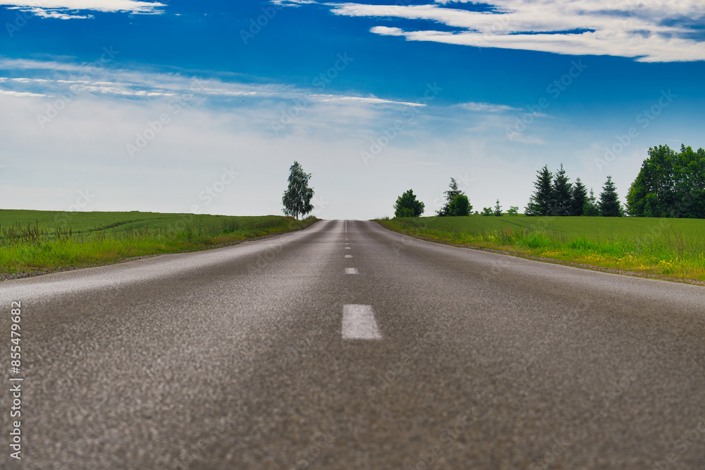 Empty asphalt road leading into horizon under blue sky with clouds and green fields Empty asphalt road leading into horizon under blue sky with clouds and green fields