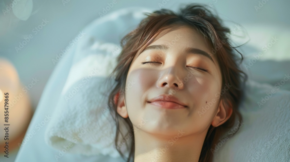 Serenity at the Spa: Relaxed Asian Woman Lying in Spa Salon, Anticipating a Soothing Massage Serenity at the Spa: Relaxed Asian Woman Lying in Spa Salon, Anticipating a Soothing Massage