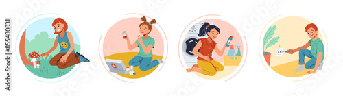 Little kids in danger protection flat color vector icon set. Knowing risks for careless children round illustration pack on white  background