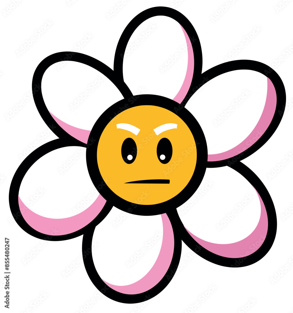 Daisy angry flower with cartoon funny face, chamomile character, mascots, cartoon vector illustration isolated on white background. Humanized, Daisy flower with angry face. Glamor vector Y2k, 00s. Daisy angry flower with cartoon funny face, chamomile character, mascots, cartoon vector illustration isolated on white background. Humanized, Daisy flower with angry face. Glamor vector Y2k, 00s.