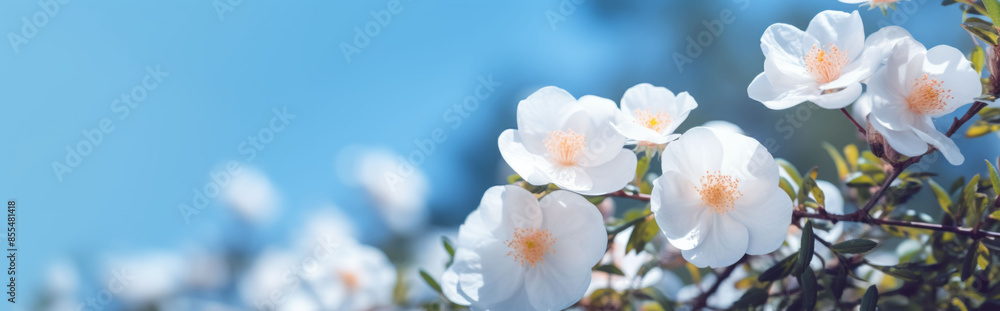 Beautiful spring border, blooming rose bush on a blue background. Flowering rose hips against the blue sky. Soft selective focus Beautiful spring border, blooming rose bush on a blue background. Flowering rose hips against the blue sky. Soft selective focus