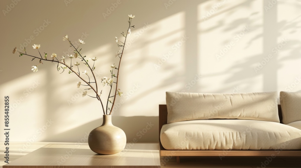 Minimalistic living room with modern sofa and decorative vase, sunlight casting soft shadows on wall. Interior design and tranquility concept Minimalistic living room with modern sofa and decorative vase, sunlight casting soft shadows on wall. Interior design and tranquility concept