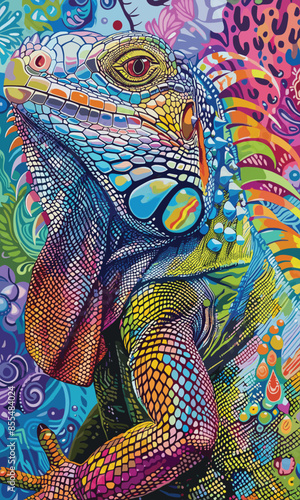 Realistic iguana lizard isolated on colorful background, vector illustration