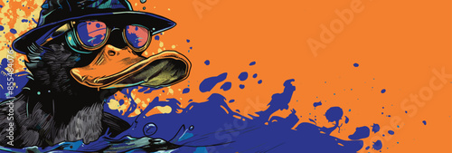 Platypus detective with hat and sunglasses, vector illustration, copy space, animal detective concept