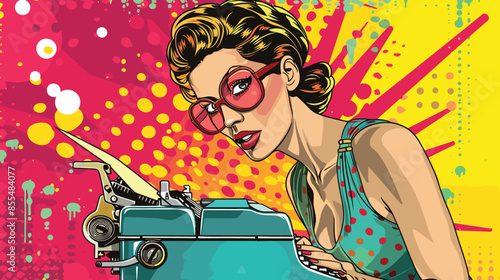 Secretary woman working with typewriter, Pop art style background wallpaper, retro female, vector illustration