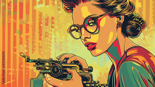Secretary working at typewriter, Pop art style background wallpaper, retro female, vector illustration