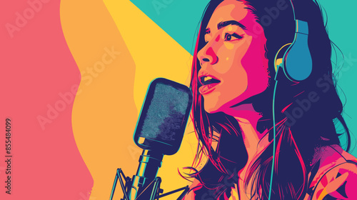 Podcaster talking to microphone art paint background wallpaper, Female MC, vector illustration