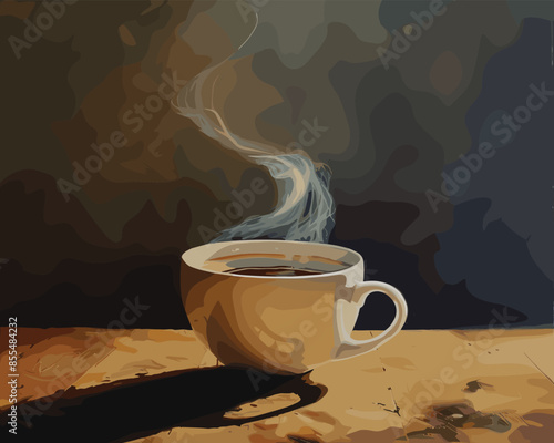 A steaming cup of coffee on table, realistic vector illustration, for album cover photo