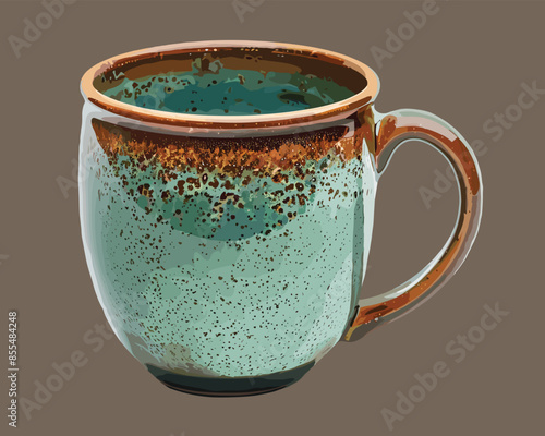 Green and brown crafted ceramic mug isolated on brown background, realistic vector illustration