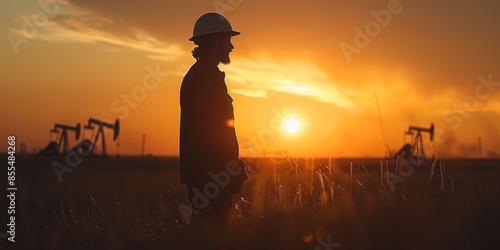 A solitary worker stands in a field at sunset, with oil pumping units operating in the distant background, highlighting the energy industry's impact on landscapes. photo