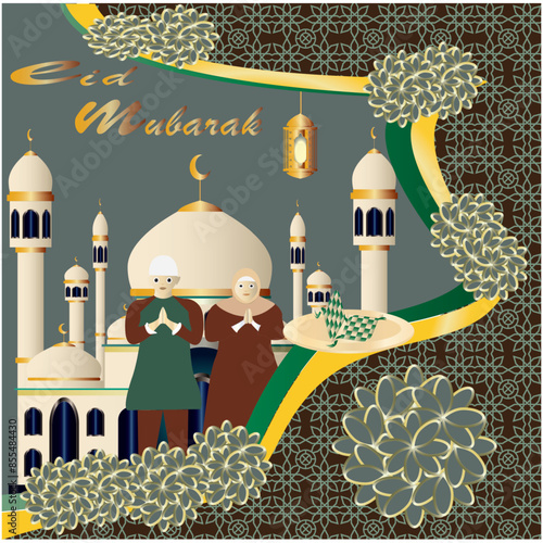 Desain Vektor Latar Belakang Ilustrasi Islami Ucapan Selamat Hari Raya Idul Fitri, untuk Kartu, wallpaper, spanduk, sampul.